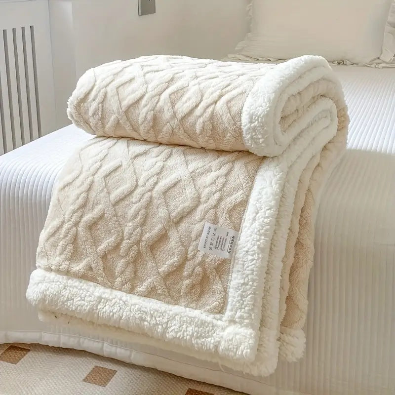 Sherpa Plaid – Blød Beige, Vendbar Stue Tæppe til Sofa eller Seng Dekoration