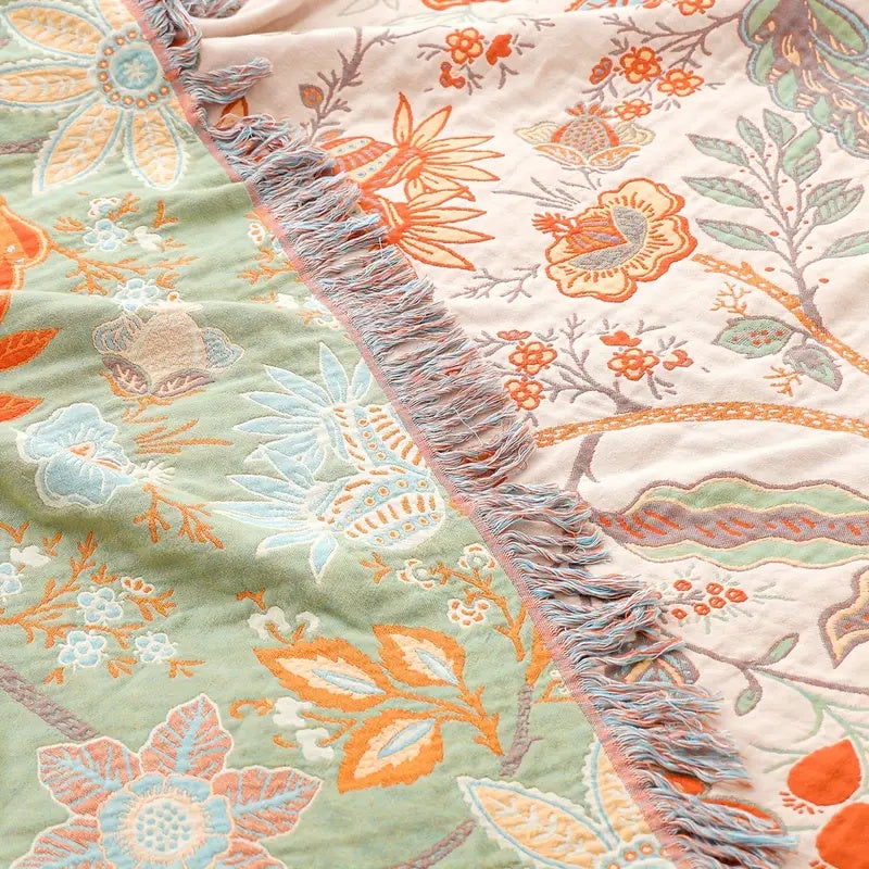 Bohemian katoenen plaid – Crème met bloemenprint in oranje en blauw voor de woonkamer of slaapkamer