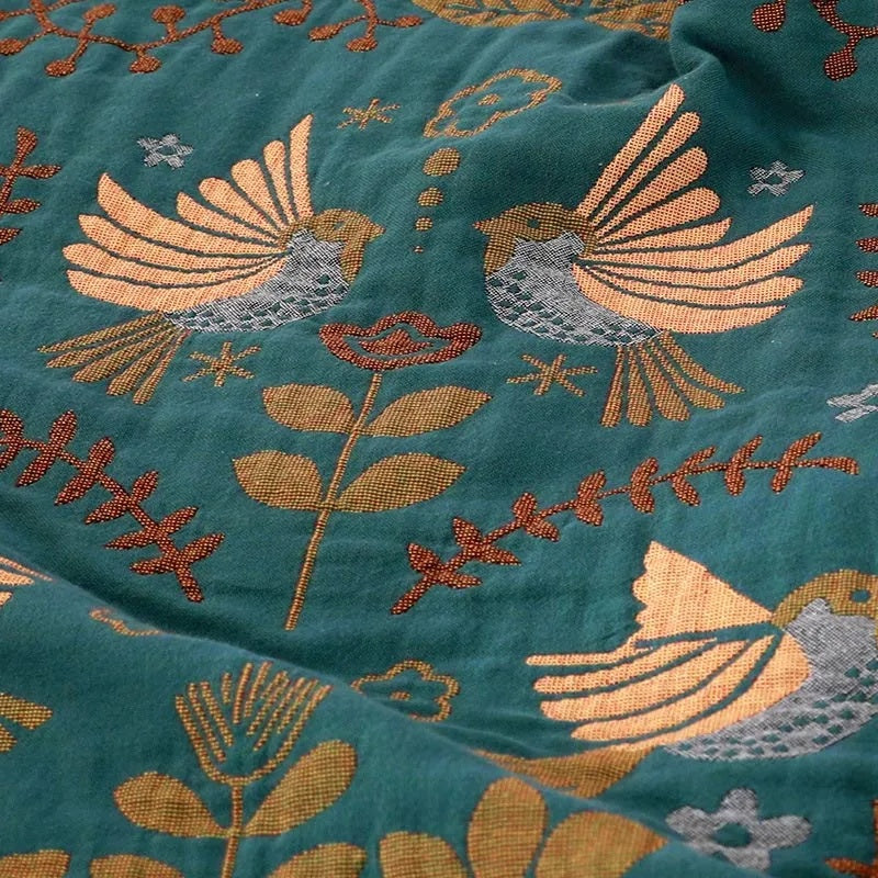 Omkeerbare Katoonsen-sprei – Teal met gouden vogels en crème met marineblauw en koraal, voor de woonkamer of slaapkamer