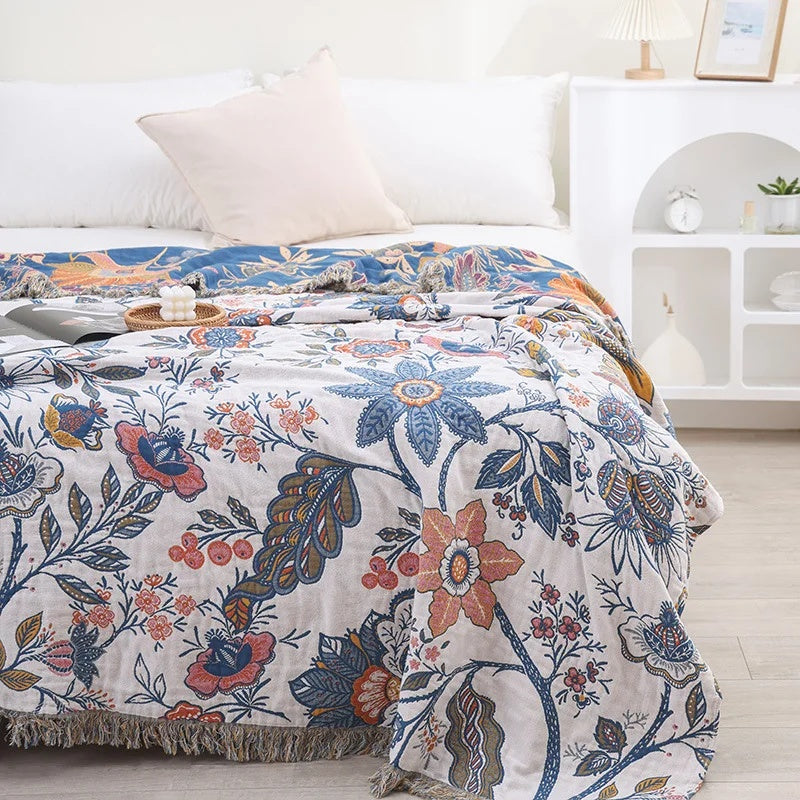 Katoenen Plaid – Blomsterprint med Frynser, Let Værdende for Sofa eller Soveværelse