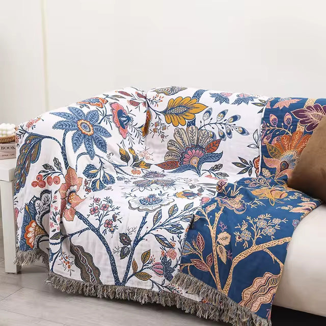 Katoenen Plaid – Blomsterprint med Frynser, Let Værdende for Sofa eller Soveværelse
