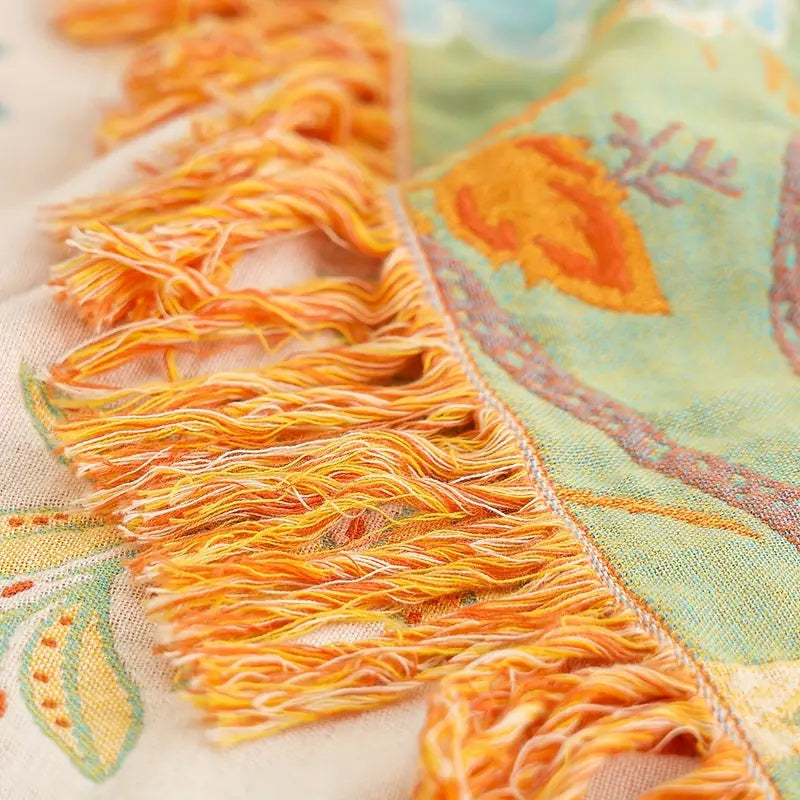 Bohemian katoenen plaid – Crème met bloemenprint in oranje en blauw voor de woonkamer of slaapkamer