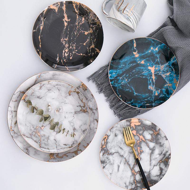 Plate set in marble porcelain – white with gold rim, elegant dessert and main course dishes for table setting