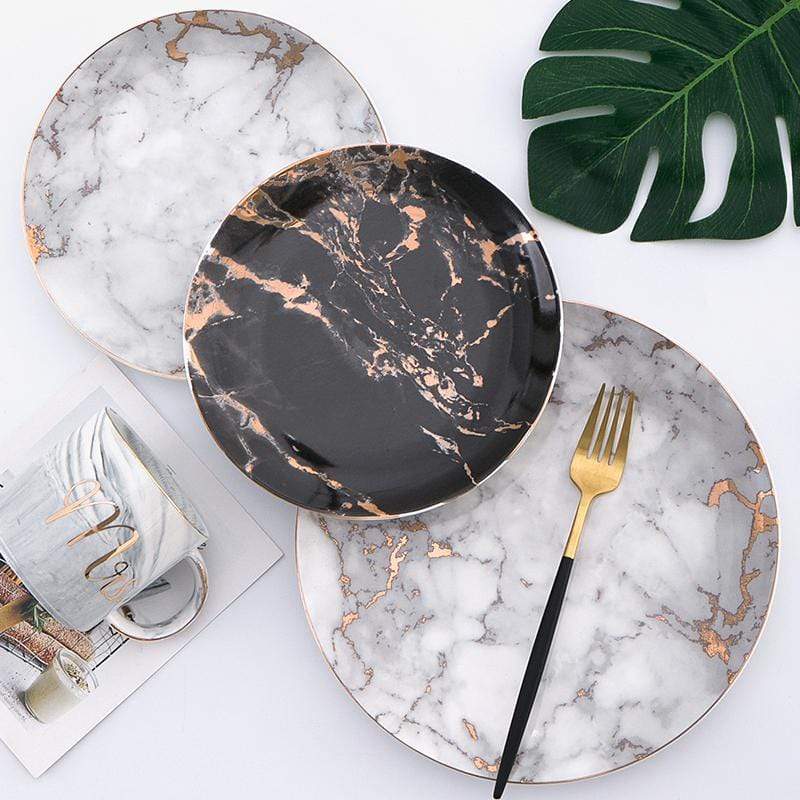 Plate set in marble porcelain – white with gold rim, elegant dessert and main course dishes for table setting