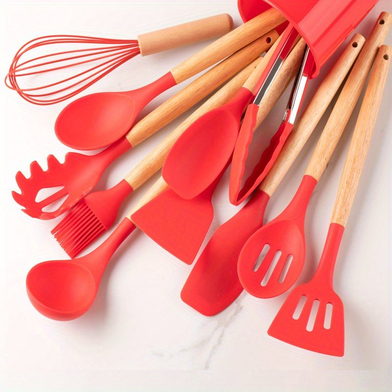 Silicone Kitchen Utensil Set – 26-piece, Heat Resistant with Wooden Handle for Home Kitchen or Professional Cooking Areas
