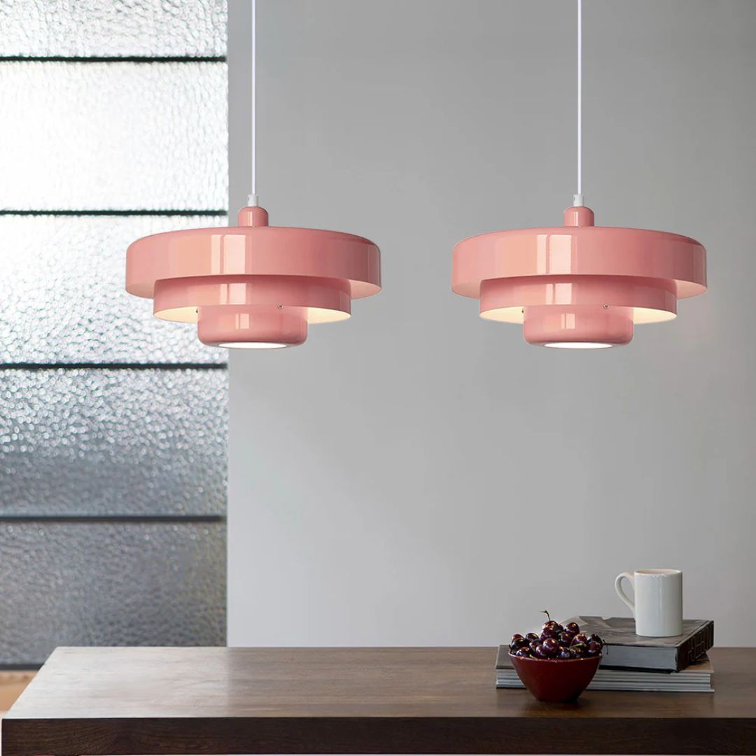 Layered pendant lamp – Modern metal lamp in green, orange or white for dining table or living room.