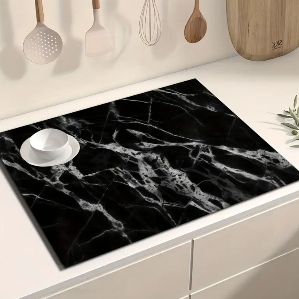 Marble Print Dish Drying Mat – Black and White, Stylish Touch for Kitchen or Coffee Area