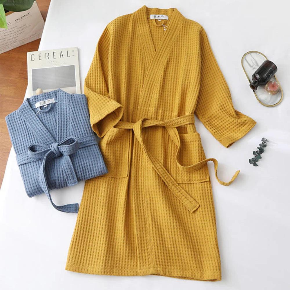 Waffle Bathrobe – 100% Cotton, Beige, V-neck with Adjustable Waist for Home or Wellness