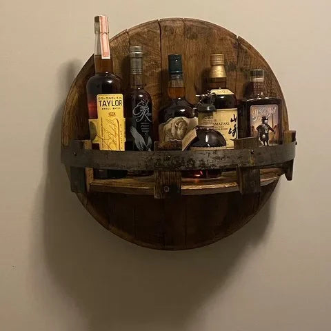 Wall display for beverages – Solid wood with metal fittings, industrial design for kitchen or home bar