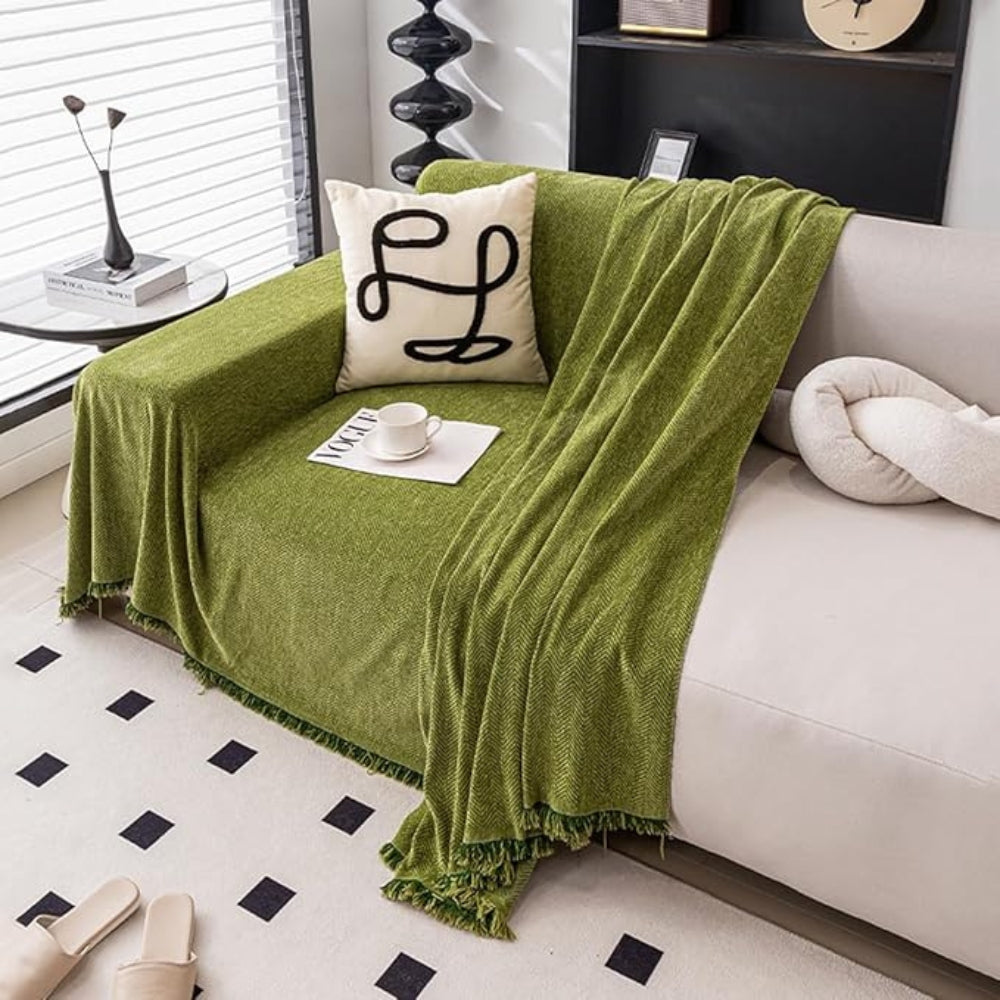 Minimalist Sofa Cover – Chenille, Grey with Fringes for Living Room or Lounge