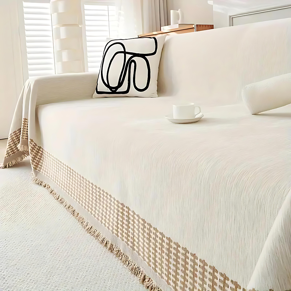 Couchcover – Chenille Cotton, Jacquard with Fringes for Armchair or Loveseat in Living Room or Bedroom