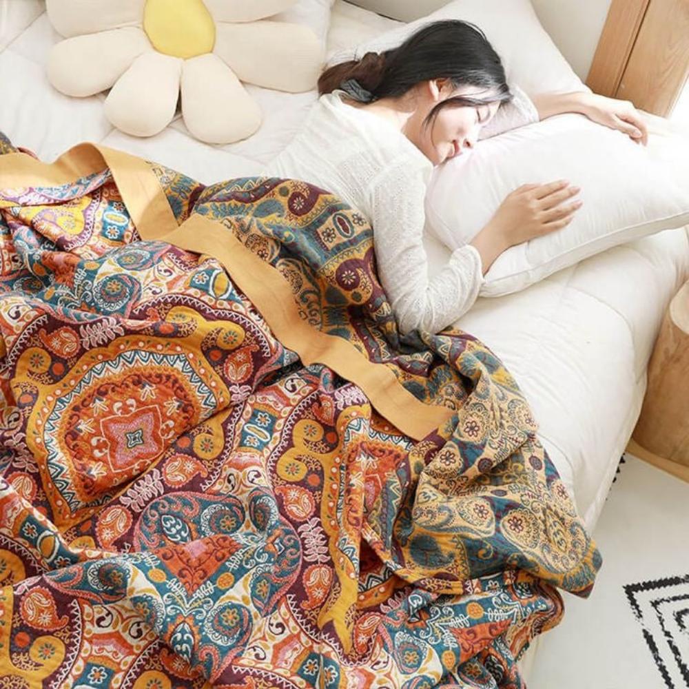 Dwustronny bawełniany pled – styl boho, chłodzący koc do sypialni lub salonu