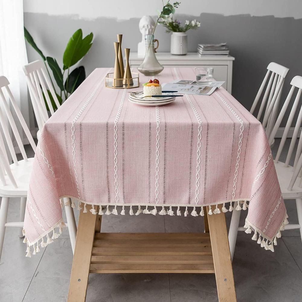 Bomulds- og Linneddug – Beige med Stribet Design og Broderi til Spisebord eller Udendørs Fester