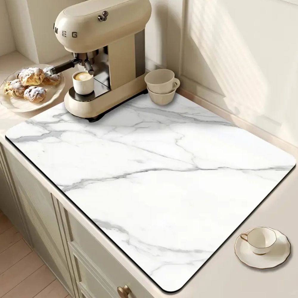 Marble Print Dish Drying Mat – Black and White, Stylish Touch for Kitchen or Coffee Area