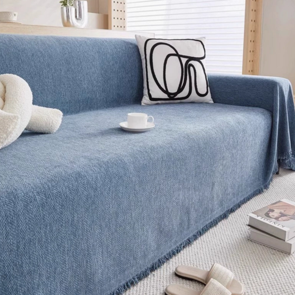 Minimalist Sofa Cover – Chenille, Grey with Fringes for Living Room or Lounge
