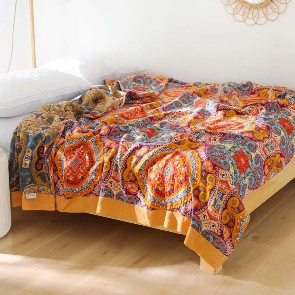 Dwustronny bawełniany pled – styl boho, chłodzący koc do sypialni lub salonu