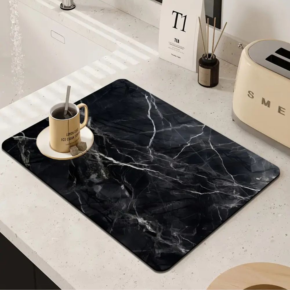 Marble Print Dish Drying Mat – Black and White, Stylish Touch for Kitchen or Coffee Area