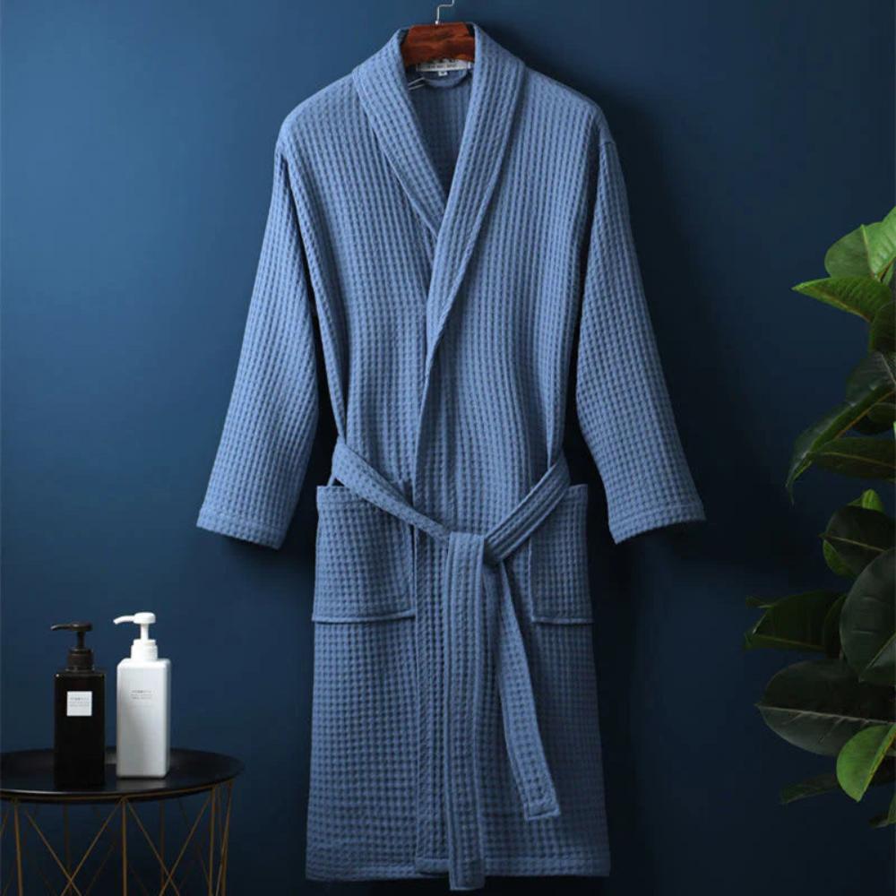 Waffle Bathrobe – 100% Cotton, Beige, V-neck with Adjustable Waist for Home or Wellness
