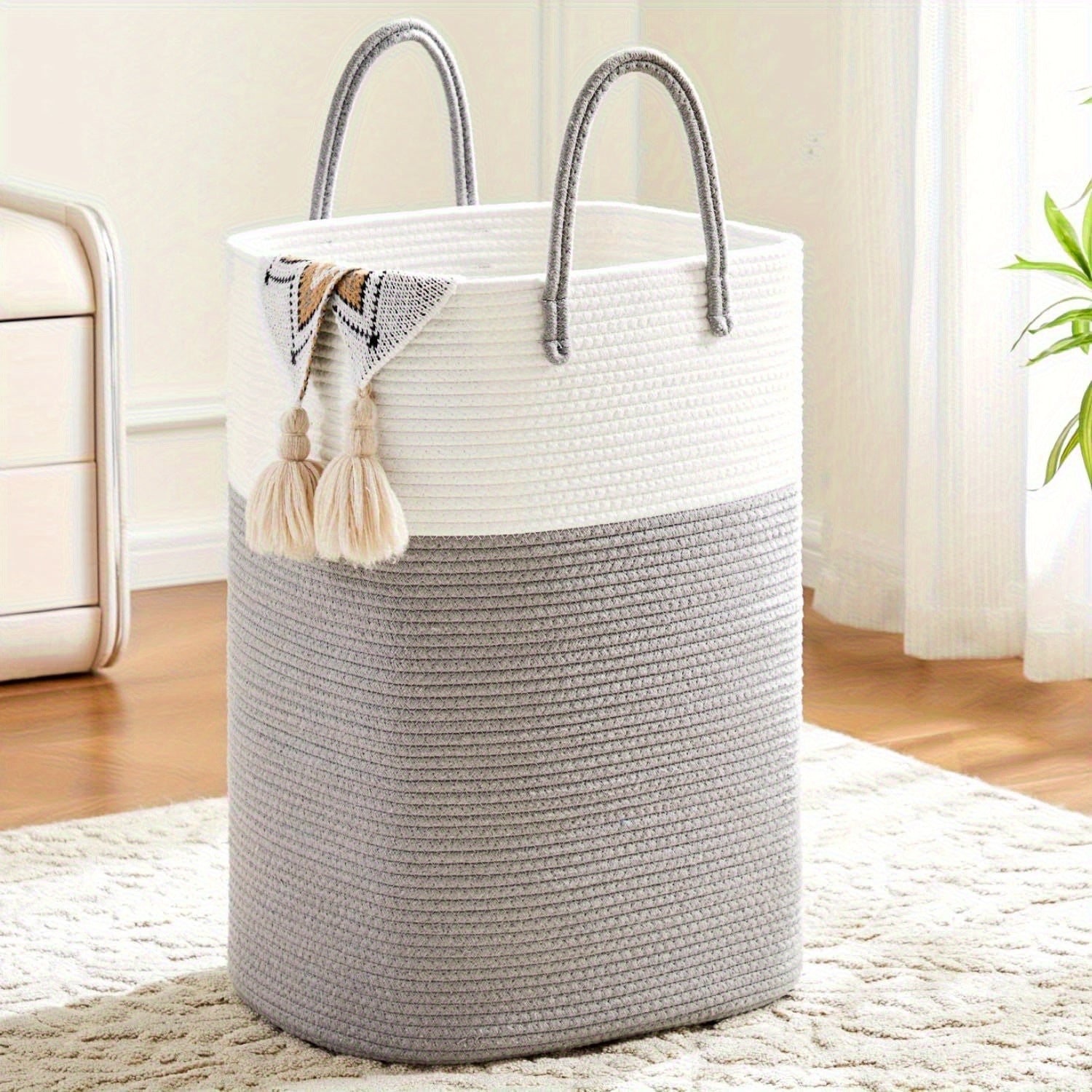 Extra large foldable storage basket – woven cotton, neutral design for bathroom or children's room
