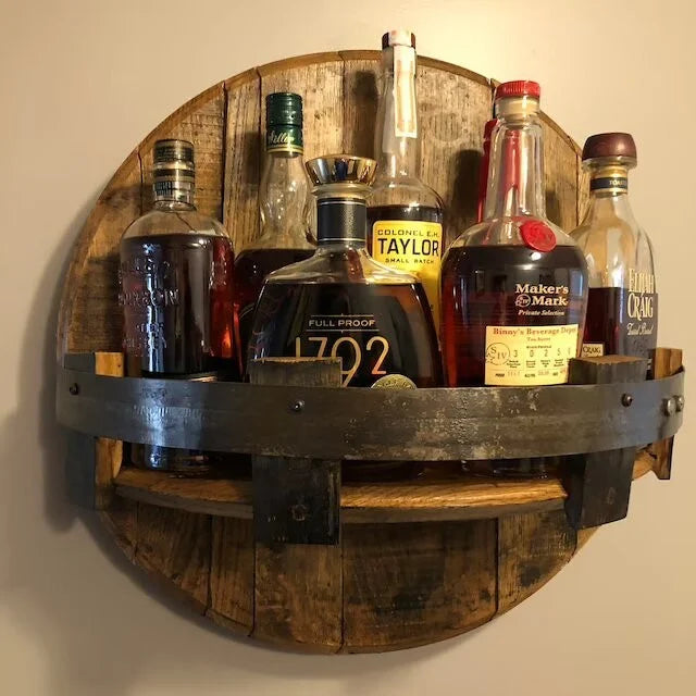Wall display for beverages – Solid wood with metal fittings, industrial design for kitchen or home bar