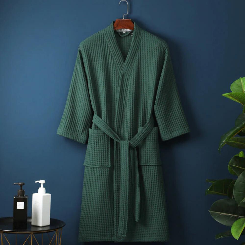 Waffle Bathrobe – 100% Cotton, Beige, V-neck with Adjustable Waist for Home or Wellness