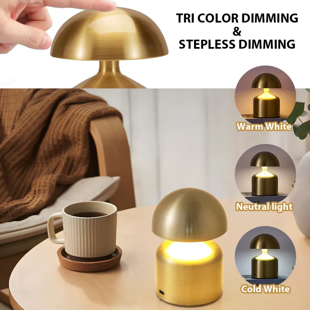 Genopladelig Bordlampe – Retro Svampeform, Metal Finish til Soveværelse eller Stue