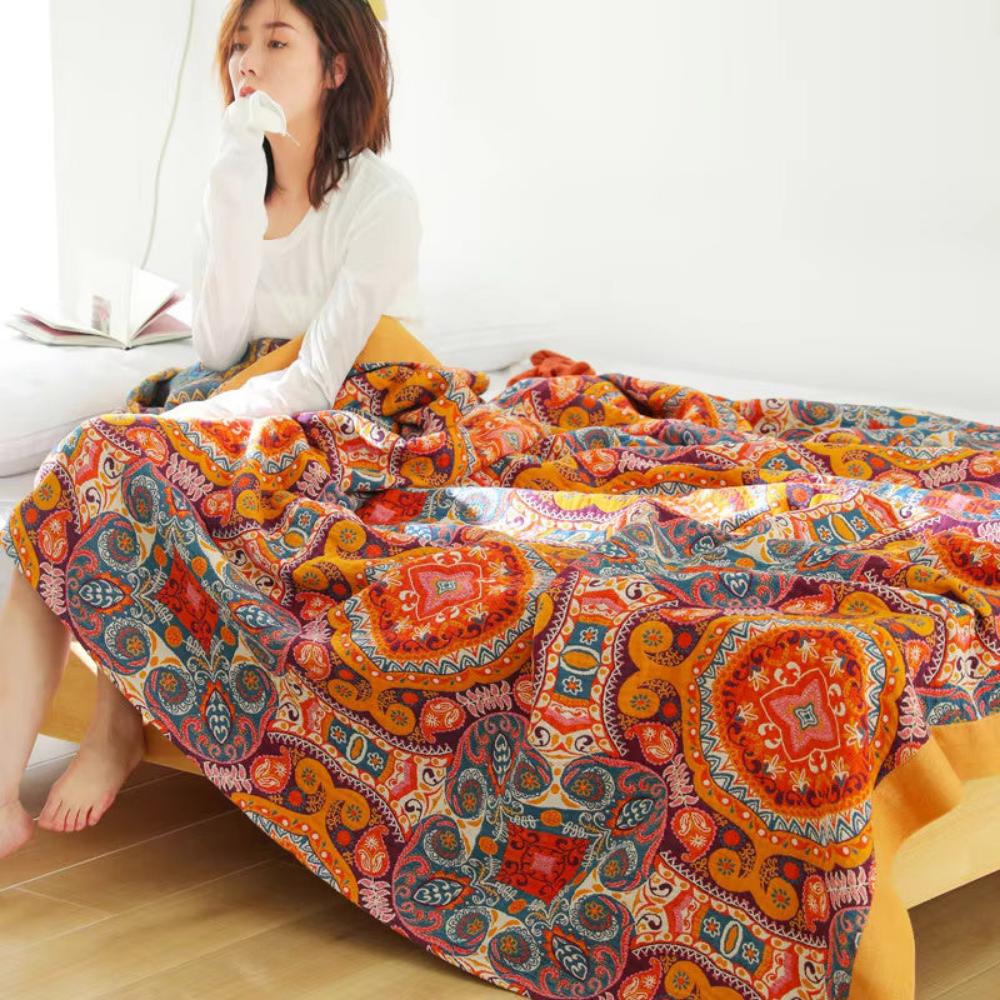 Dwustronny bawełniany pled – styl boho, chłodzący koc do sypialni lub salonu