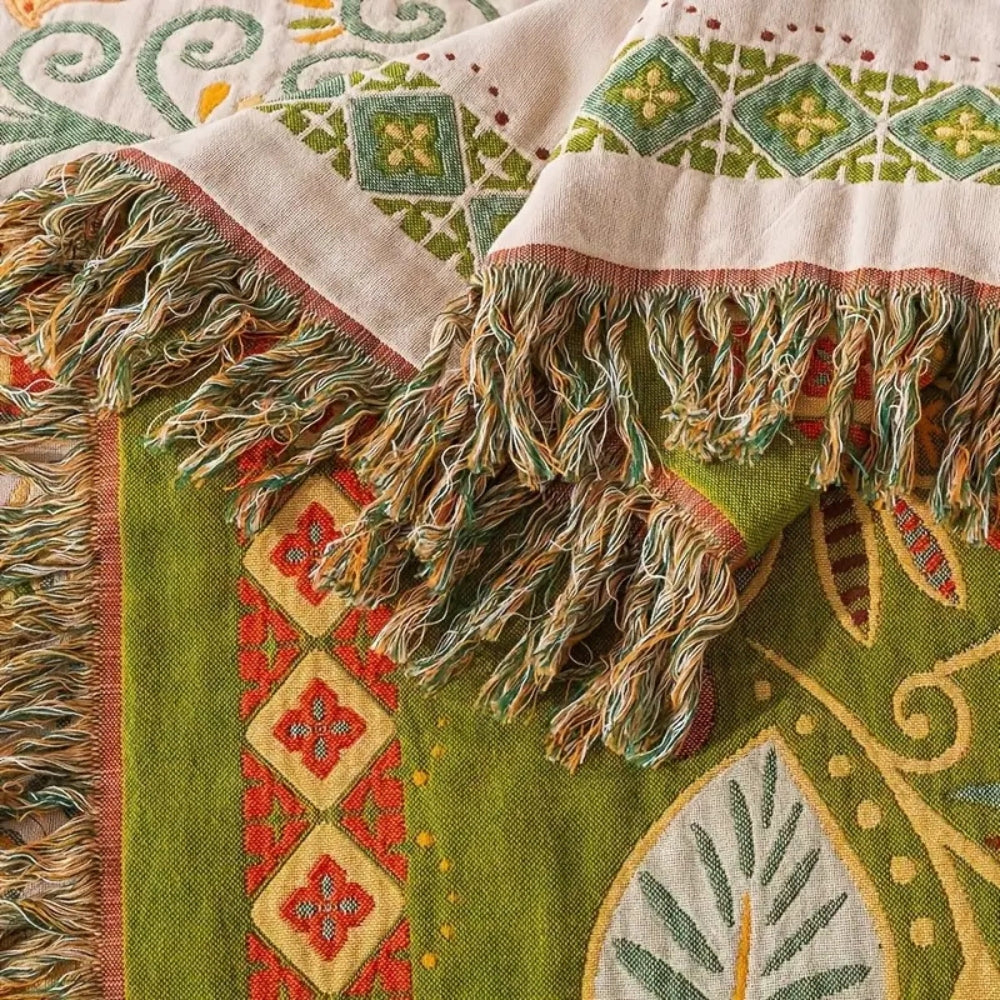 Boho Vendbart Tæppe – Bomuld, Efterårsblomster med Frynser til Sofa eller Seng
