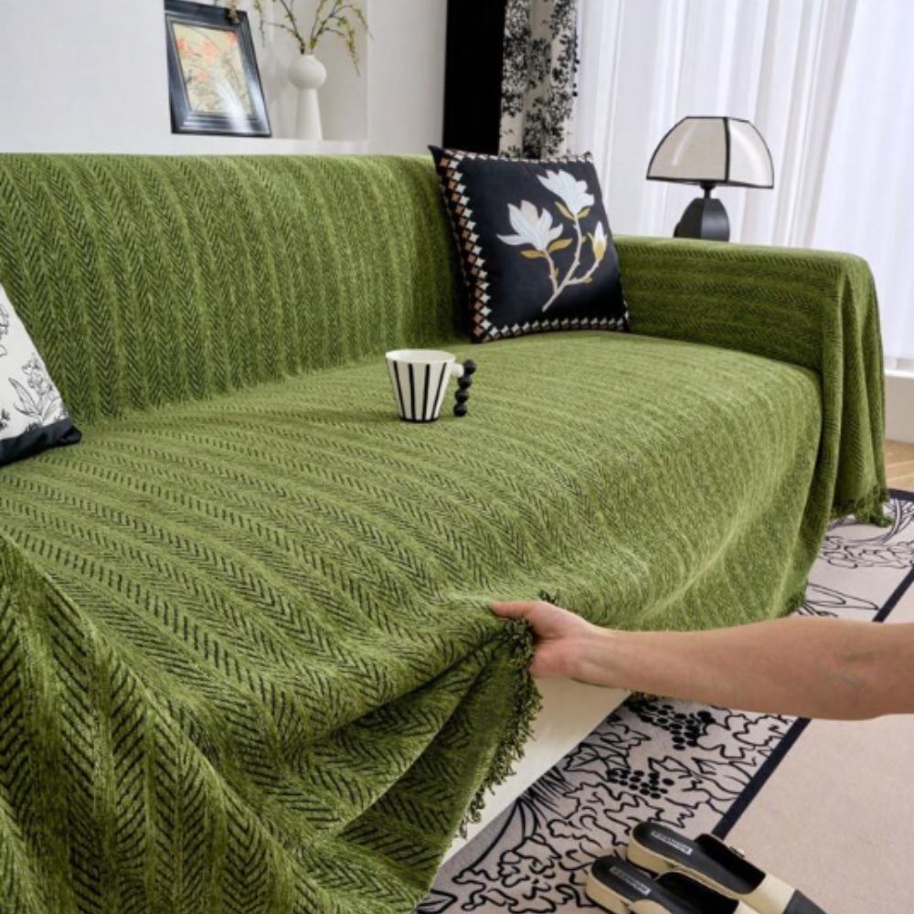 Chenille Sofa Cover – Gray, Herringbone Pattern with Fringes for Living Room or Lounge Sofa