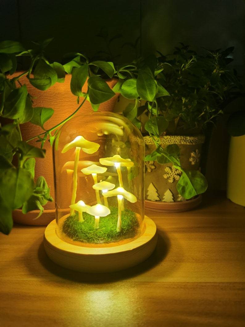 DIY-paddenstoelenlamp – glas en hout, creatieve tafeldecoratie voor de woonkamer of slaapkamer