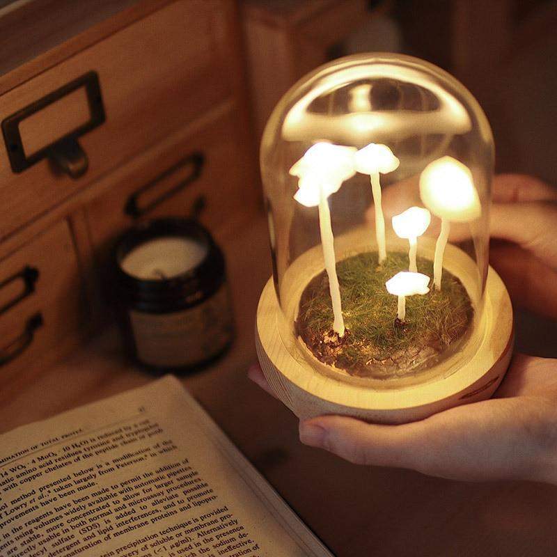 DIY-paddenstoelenlamp – glas en hout, creatieve tafeldecoratie voor de woonkamer of slaapkamer