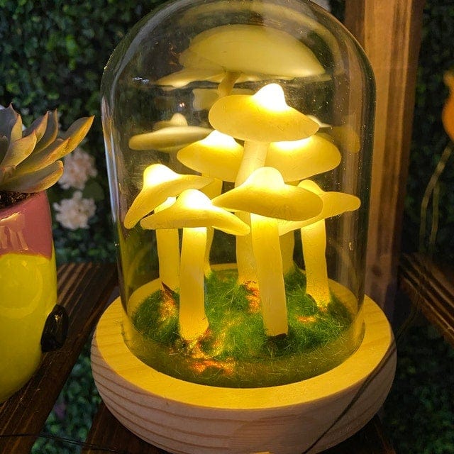 DIY-paddenstoelenlamp – glas en hout, creatieve tafeldecoratie voor de woonkamer of slaapkamer