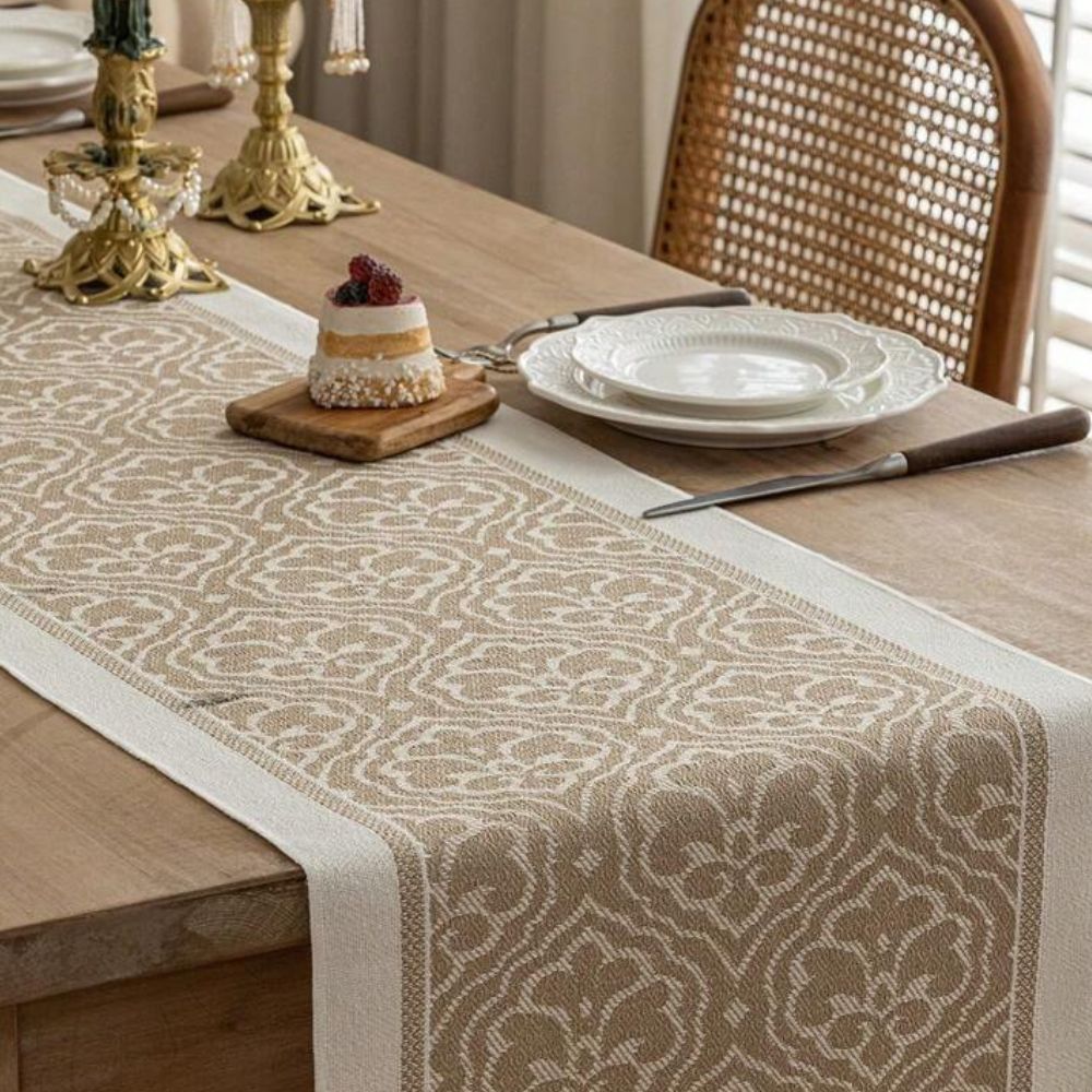 Damask Dune Tablecloth – Earth Colors, Jacquard Floral Design with Fringes for Dining Table or Coffee Table