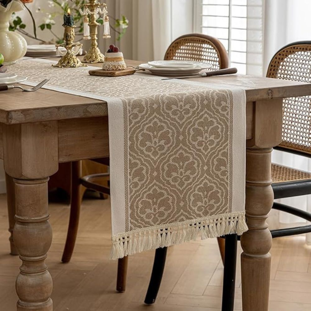 Damask Dune Tablecloth – Earth Colors, Jacquard Floral Design with Fringes for Dining Table or Coffee Table