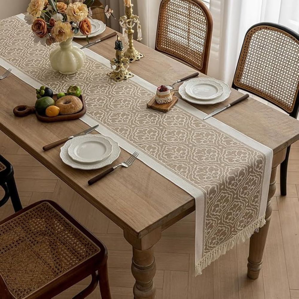 Damask Dune Tablecloth – Earth Colors, Jacquard Floral Design with Fringes for Dining Table or Coffee Table