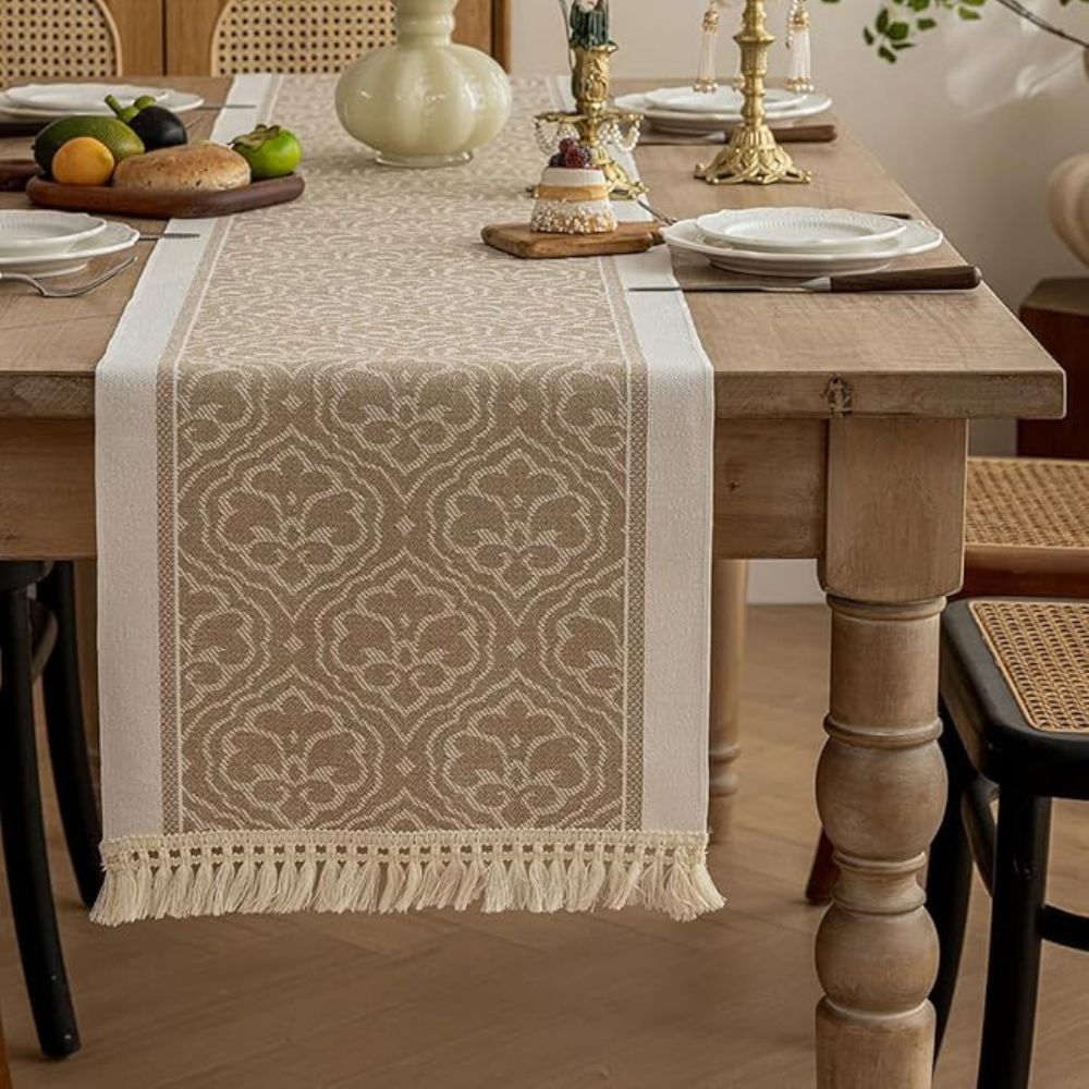 Damask Dune Tablecloth – Earth Colors, Jacquard Floral Design with Fringes for Dining Table or Coffee Table