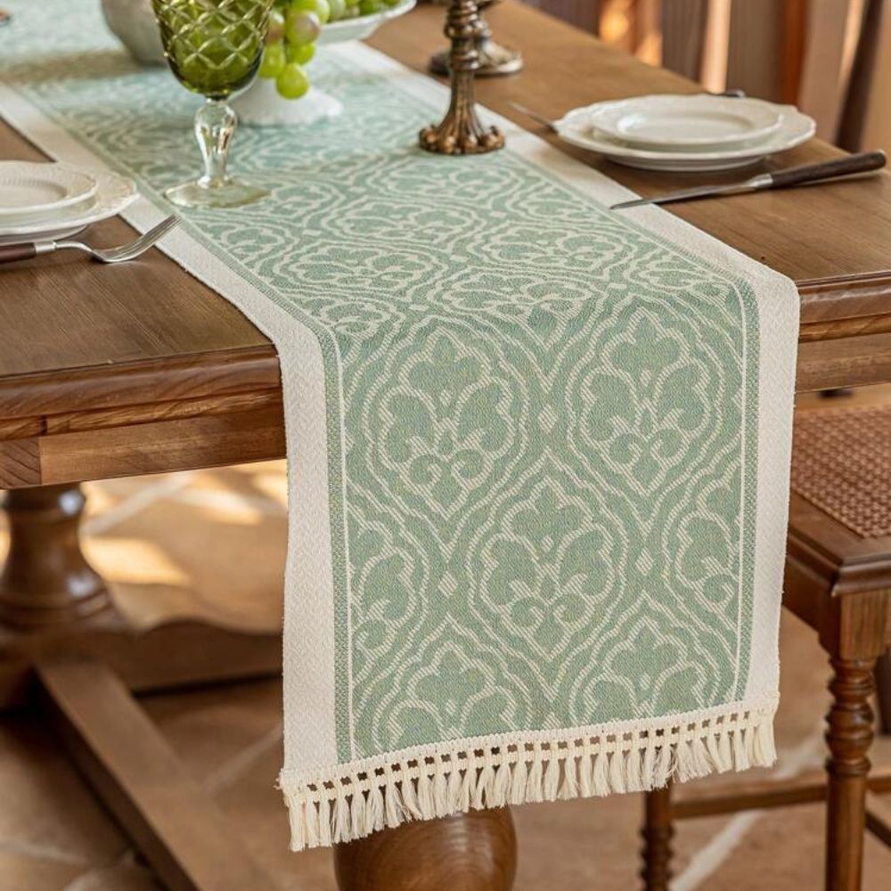 Damask Dune Tablecloth – Earth Colors, Jacquard Floral Design with Fringes for Dining Table or Coffee Table