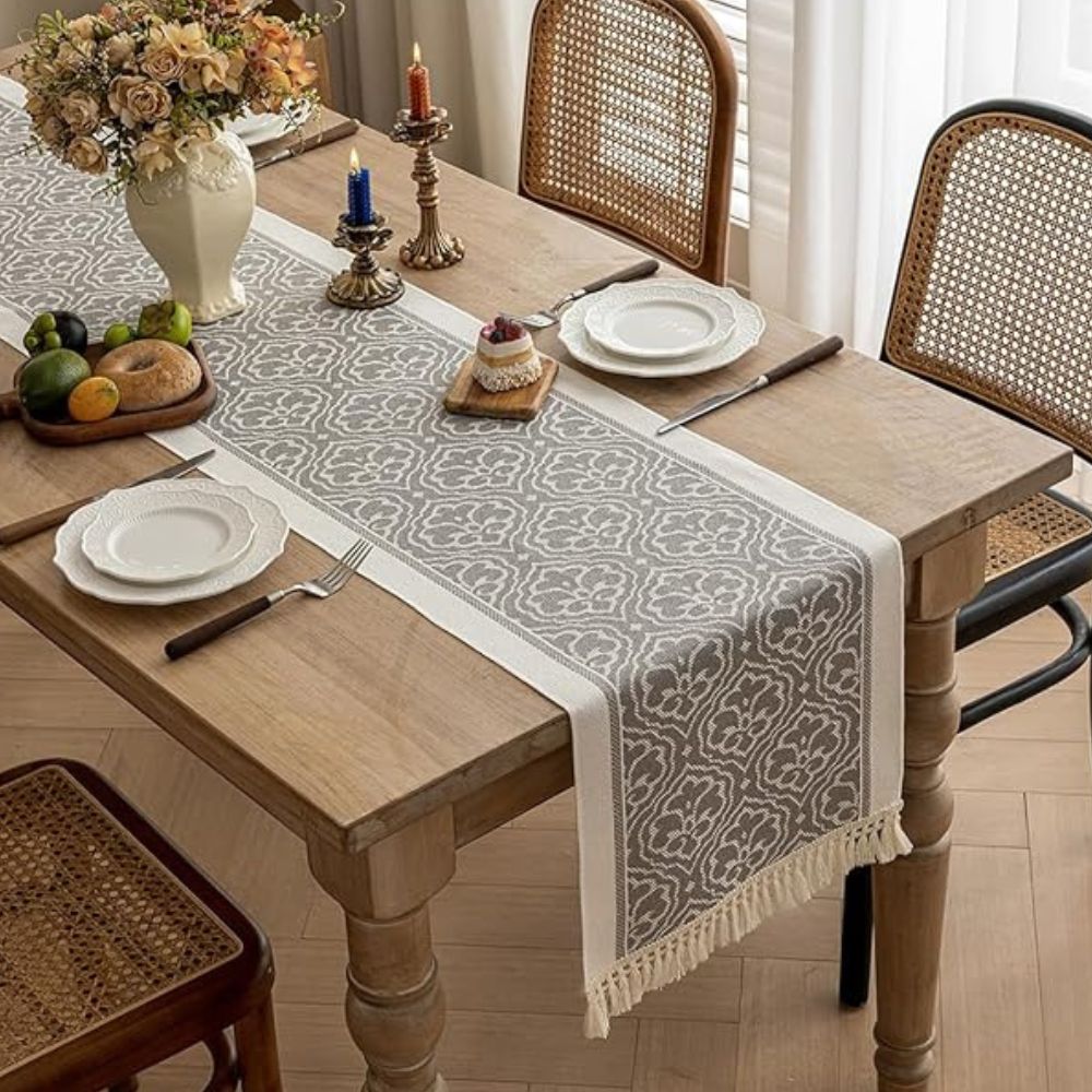 Damask Dune Tablecloth – Earth Colors, Jacquard Floral Design with Fringes for Dining Table or Coffee Table