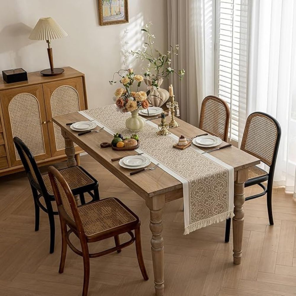 Damask Dune Tablecloth – Earth Colors, Jacquard Floral Design with Fringes for Dining Table or Coffee Table