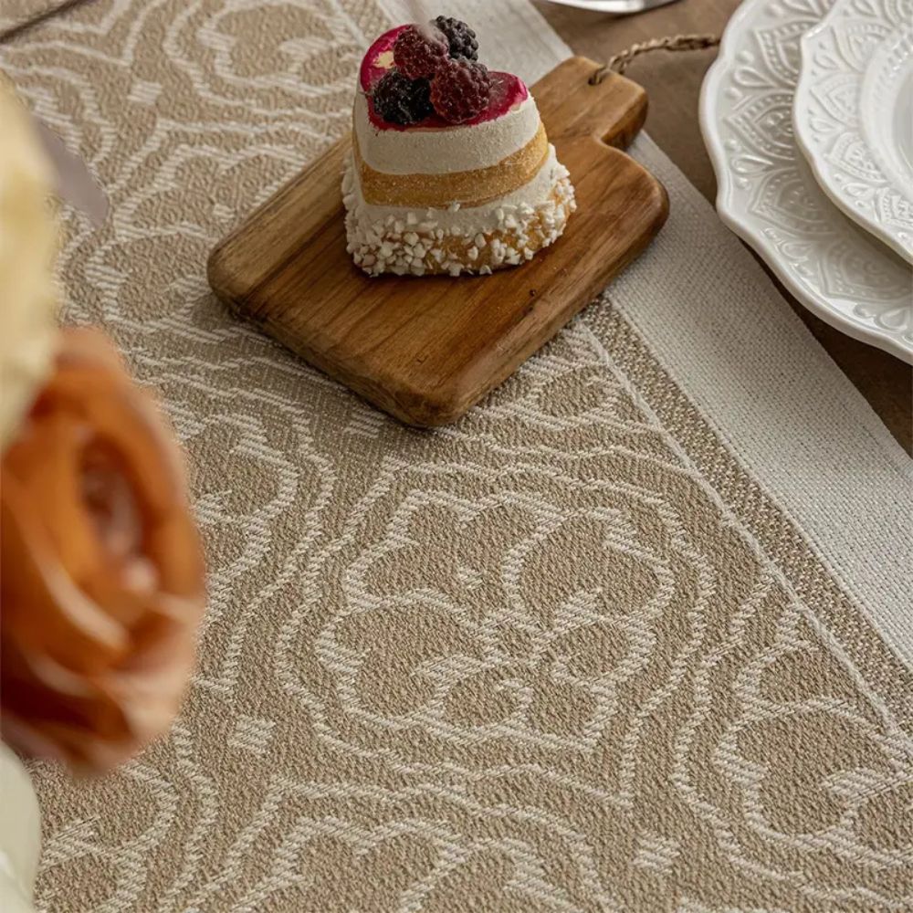 Damask Dune Tablecloth – Earth Colors, Jacquard Floral Design with Fringes for Dining Table or Coffee Table