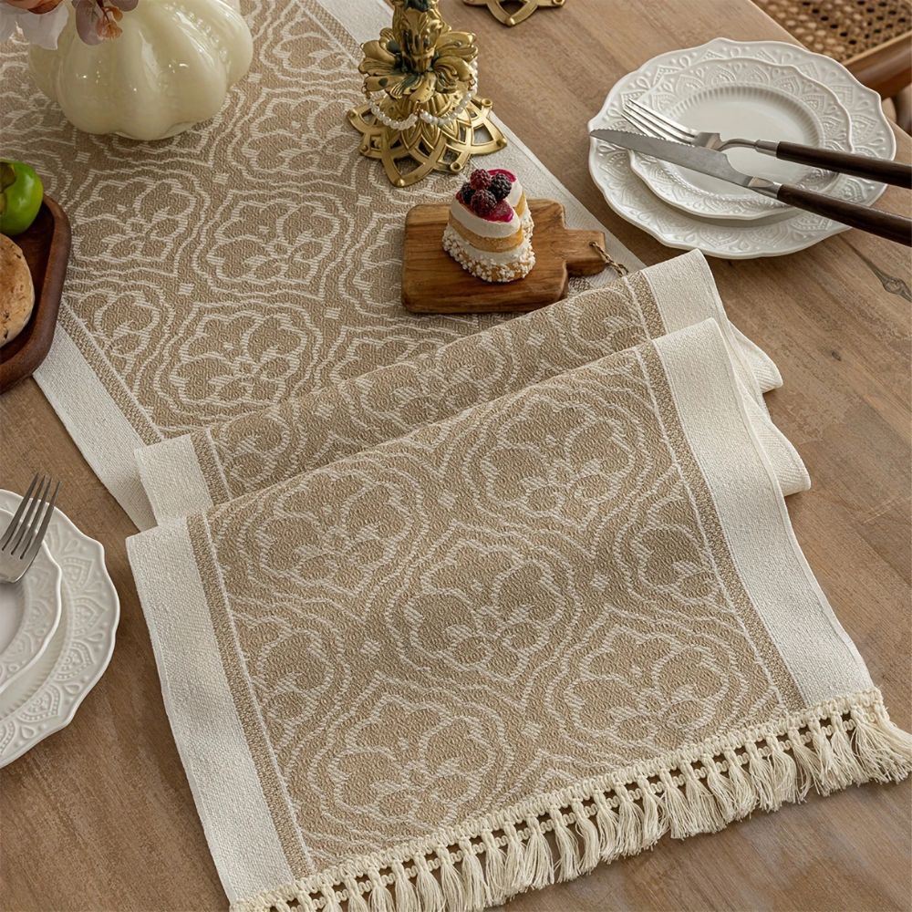 Damask Dune Tablecloth – Earth Colors, Jacquard Floral Design with Fringes for Dining Table or Coffee Table