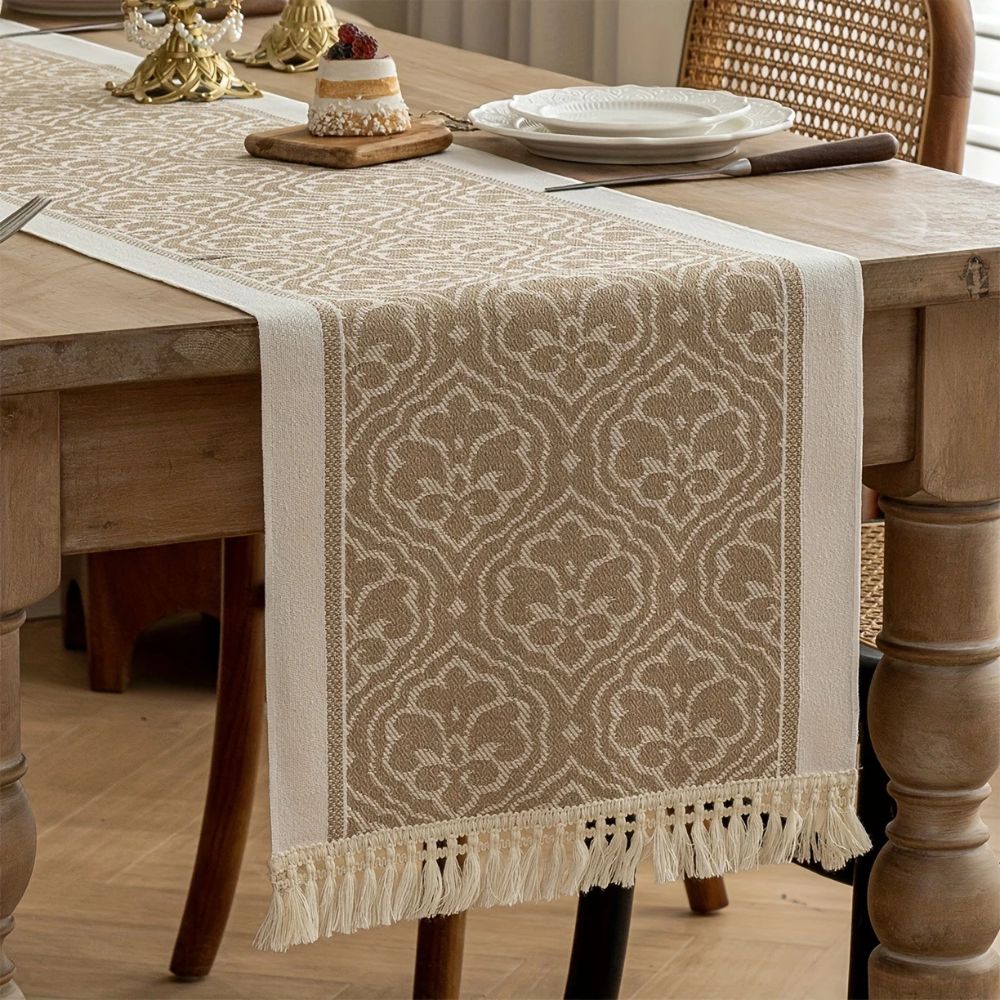 Damask Dune Tablecloth – Earth Colors, Jacquard Floral Design with Fringes for Dining Table or Coffee Table