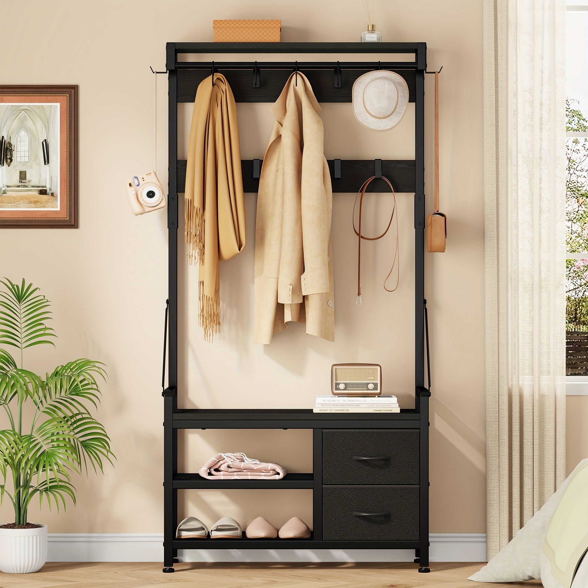 Clothes rack with bench – Brown wood, multifunctional design for hallway or bedroom with shoe shelf and hooks