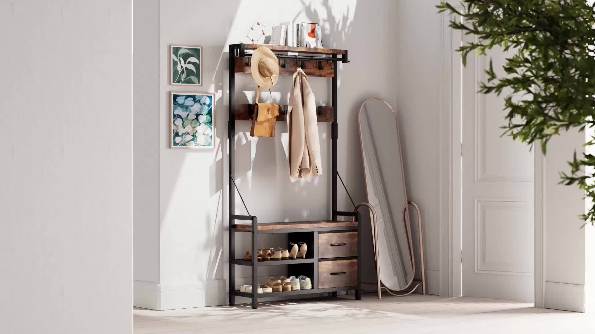 Clothes rack with bench – Brown wood, multifunctional design for hallway or bedroom with shoe shelf and hooks
