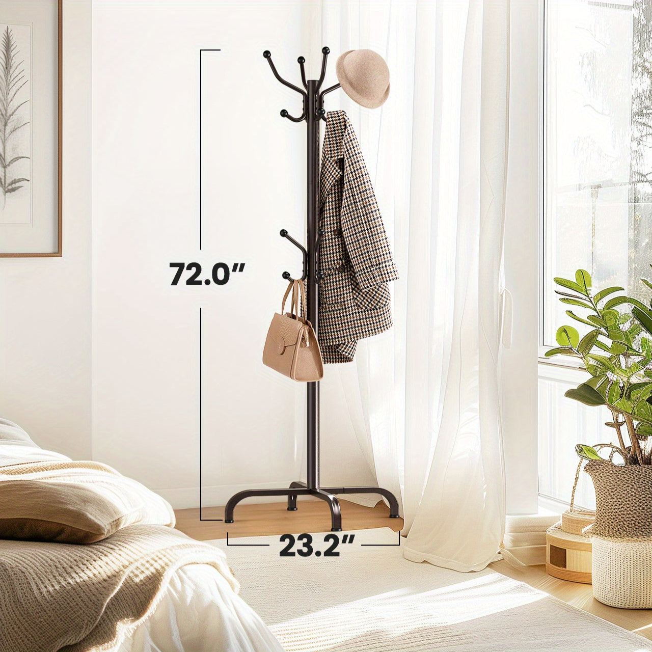 Adjustable Clothes Rack – Black Metal with 14 Hooks for Hallway or Bedroom