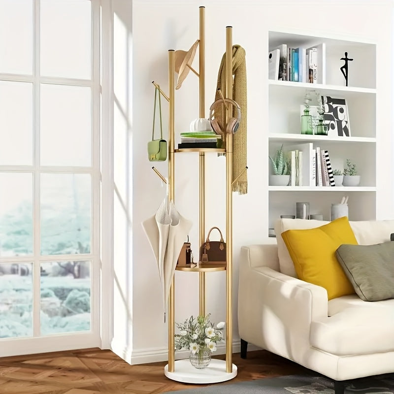 Stylish Clothes Rack – Golden Metal with Natural Marble Base for Hallway, Bedroom, or Office