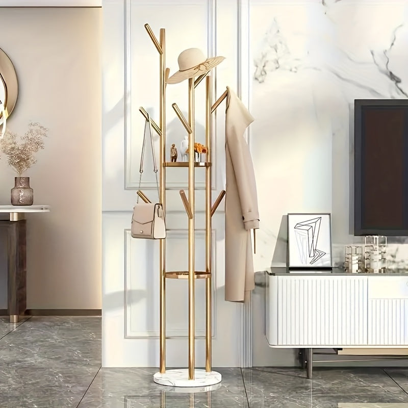 Stylish Clothes Rack – Golden Metal with Natural Marble Base for Hallway, Bedroom, or Office