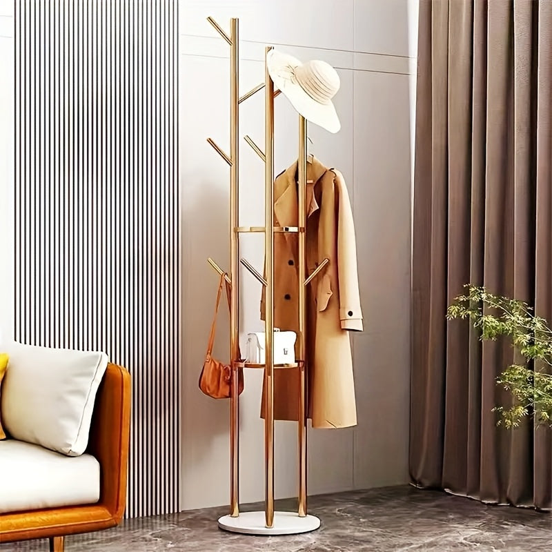 Stylish Clothes Rack – Golden Metal with Natural Marble Base for Hallway, Bedroom, or Office