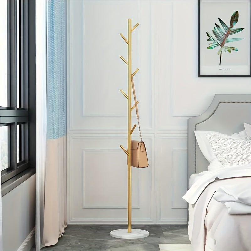 Stylish Clothes Rack – Golden Metal with Natural Marble Base for Hallway, Bedroom, or Office