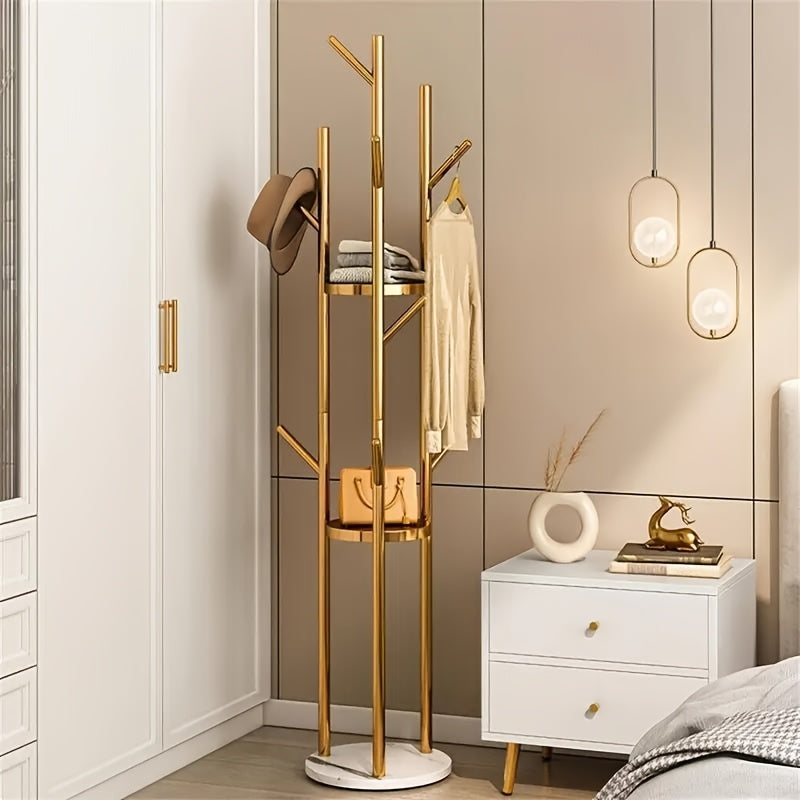 Stylish Clothes Rack – Golden Metal with Natural Marble Base for Hallway, Bedroom, or Office